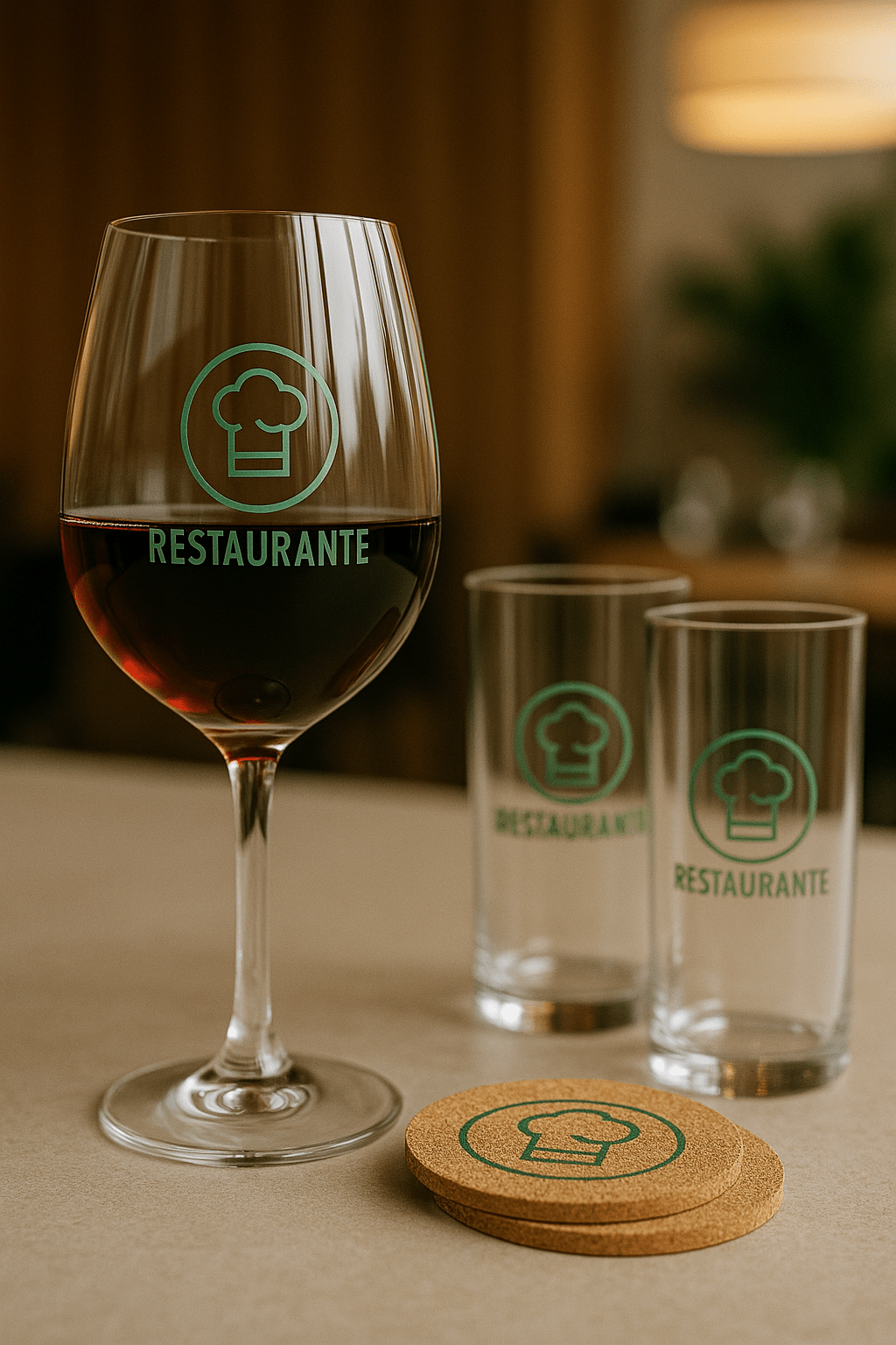 Copas y vasos grabados con logotipo de restaurante
